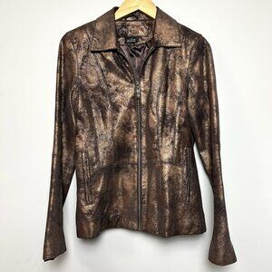 Tribal Brown Distressed Leather Zip Jacket sz 6 Metallic Burnished Moto Y2k Chic
